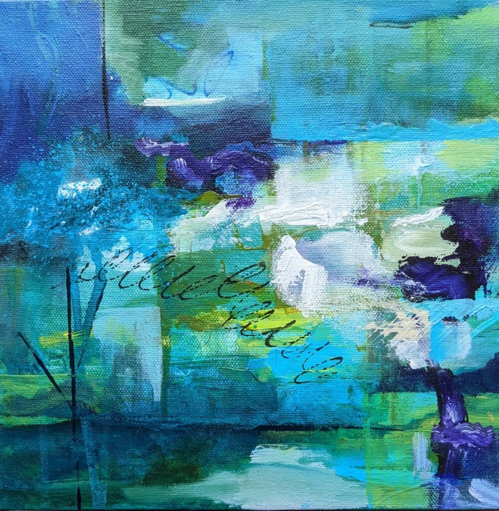 Barbara Behrmann&nbsp;• <em>Written in the Clouds</em>&nbsp;• Acrylic on stretched canvas&nbsp;• 10″×&nbsp;10″×&nbsp;1½″&nbsp;• $300.00
