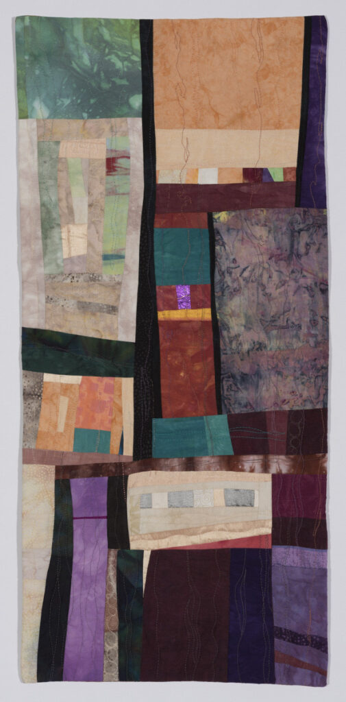 Barbara Behrmann&nbsp;• <em>Landslide</em>&nbsp;• Commercial fabrics, commercial hand-dyed fabrics and dupioni silk&nbsp;• 14½″×&nbsp;31½″&nbsp;• $350.00