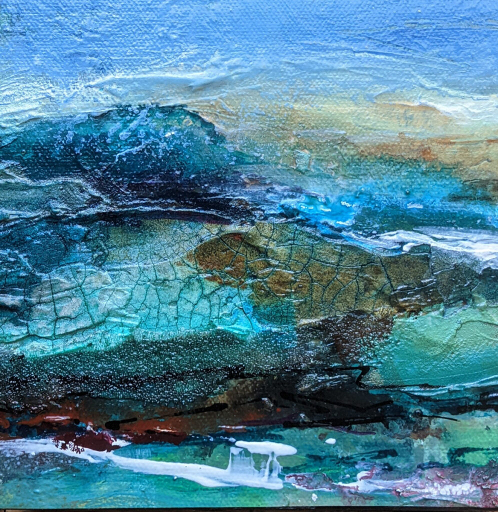 Barbara Behrmann&nbsp;• <em>Textured Landscape #2</em>&nbsp;• Acrylic and acrylic mediums on wood panel&nbsp;• 6″×&nbsp;6″×&nbsp;1½″&nbsp;• $95.00