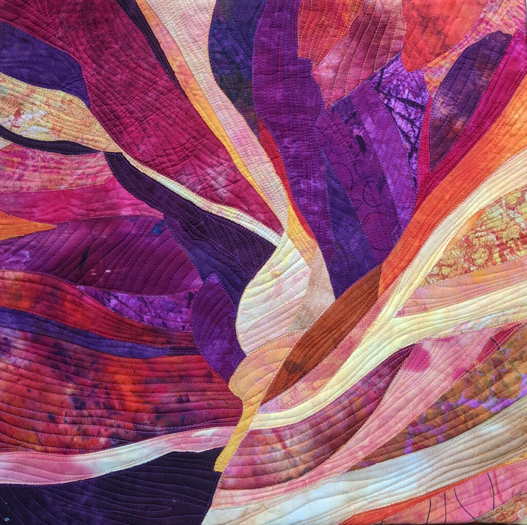 Barbara Behrmann&nbsp;• <em>Waterhole Canyon #1</em>&nbsp;• Original artist-dyed and dye-painted fabric, mounted on acrylic-painted stretched canvas&nbsp;• 20″×&nbsp;20″×&nbsp;1½″&nbsp;• $595.00