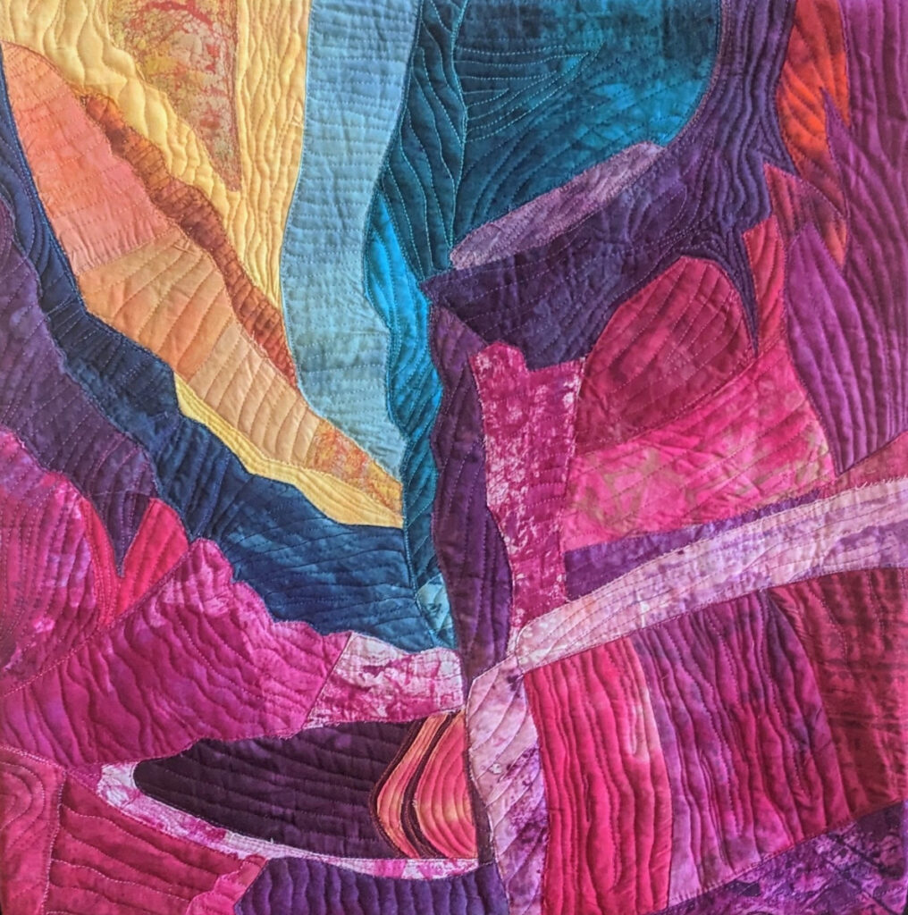 Barbara Behrmann&nbsp;• <em>Waterhole Canyon #2</em>&nbsp;• Original artist-dyed and dye-painted fabric, mounted on acrylic-painted stretched canvas&nbsp;• 20″×&nbsp;20″×&nbsp;1½″&nbsp;• $595.00