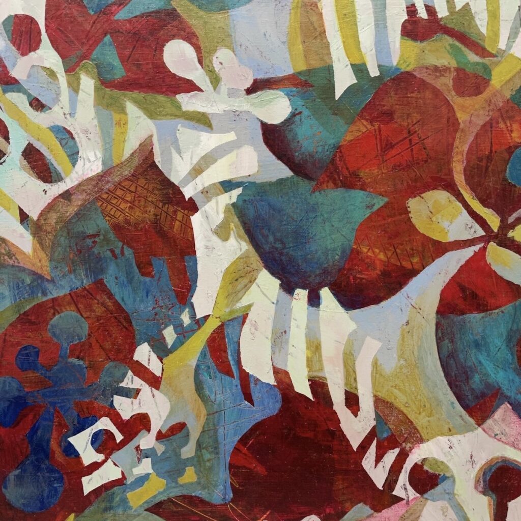 Patricia Brown&nbsp;• <em>Floral Triptych 2 of 3</em>&nbsp;• Acrylic on wood panel&nbsp;• 12″×&nbsp;12″&nbsp;• $200.00