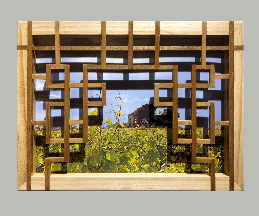 Eva M. Capobianco&nbsp;• <em>Margon Vineyard with Lattice</em>&nbsp;• Digital photo and reused wood&nbsp;• 12″×&nbsp;9″×&nbsp;1½″&nbsp;• $125.00