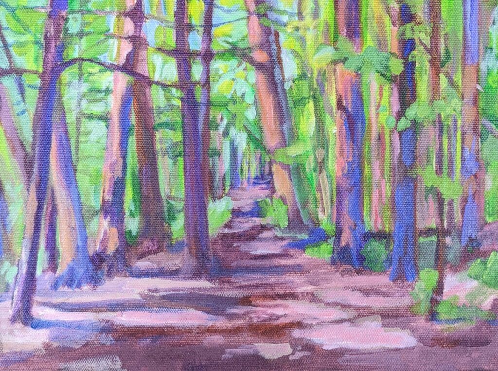 Katrina Morse&nbsp;• <em>Sunlit Path</em>&nbsp;• Acrylic on canvas&nbsp;• 12″×&nbsp;9″&nbsp;• $275.00