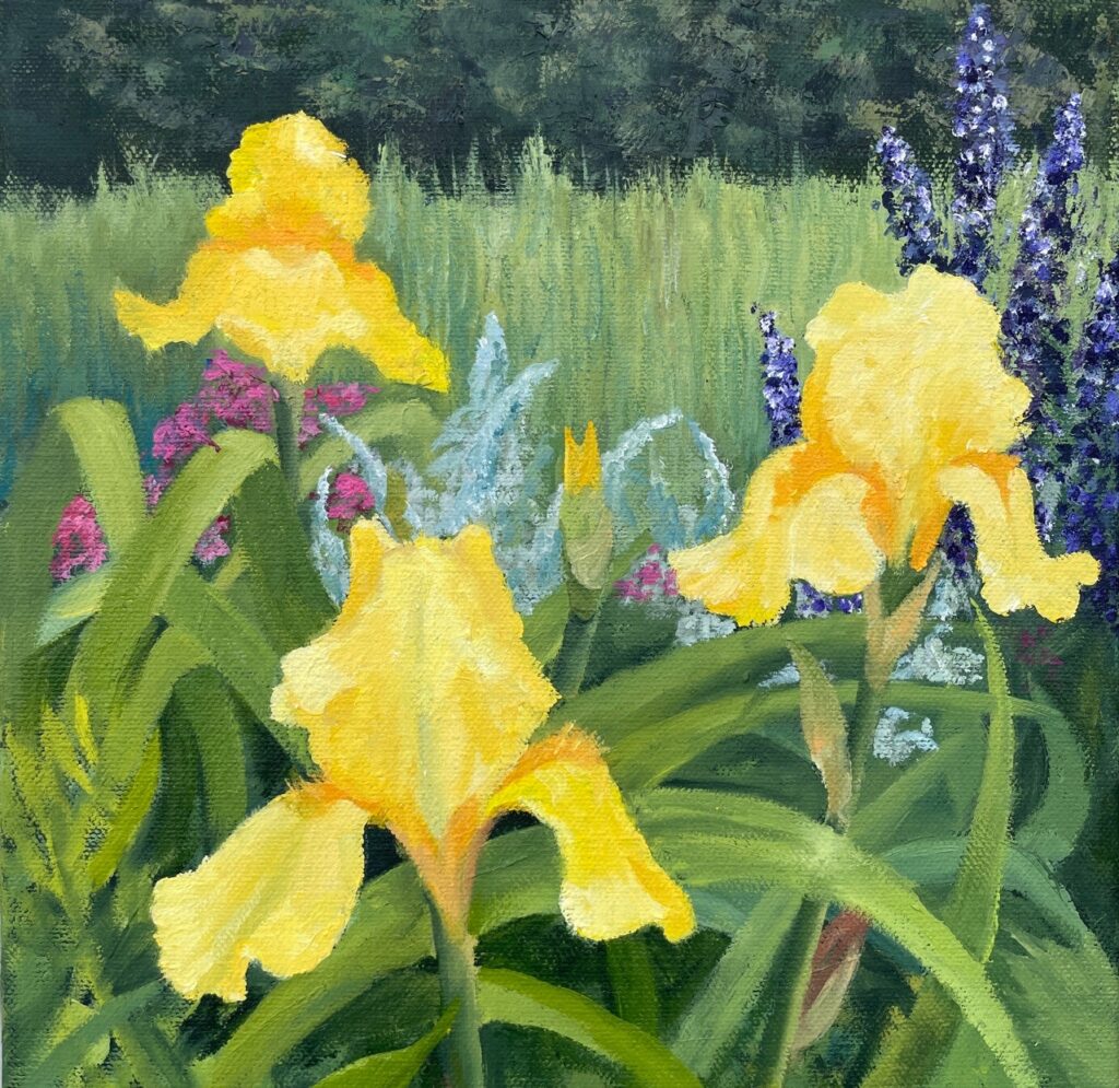 Patty L Porter&nbsp;• <em>Yellow Iris</em>&nbsp;• Oil on canvas&nbsp;• 10″×&nbsp;10″&nbsp;• $200.00
