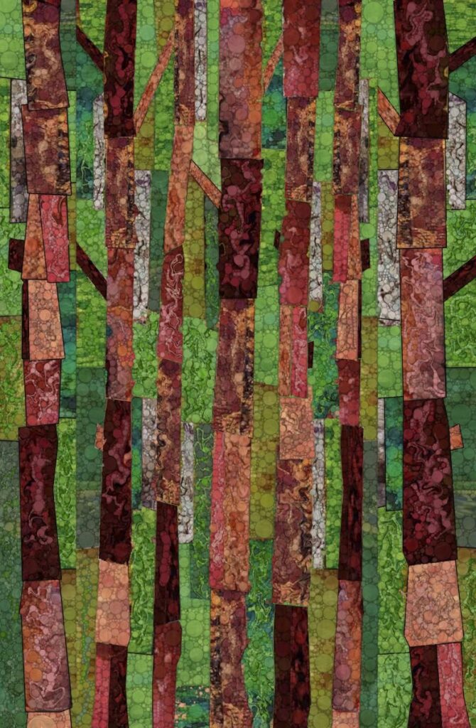 Daniel McPheeters&nbsp;• <em>Patchwork Forest</em>&nbsp;• Mixed media on panel&nbsp;• 17″×&nbsp;26″&nbsp;• $220.00