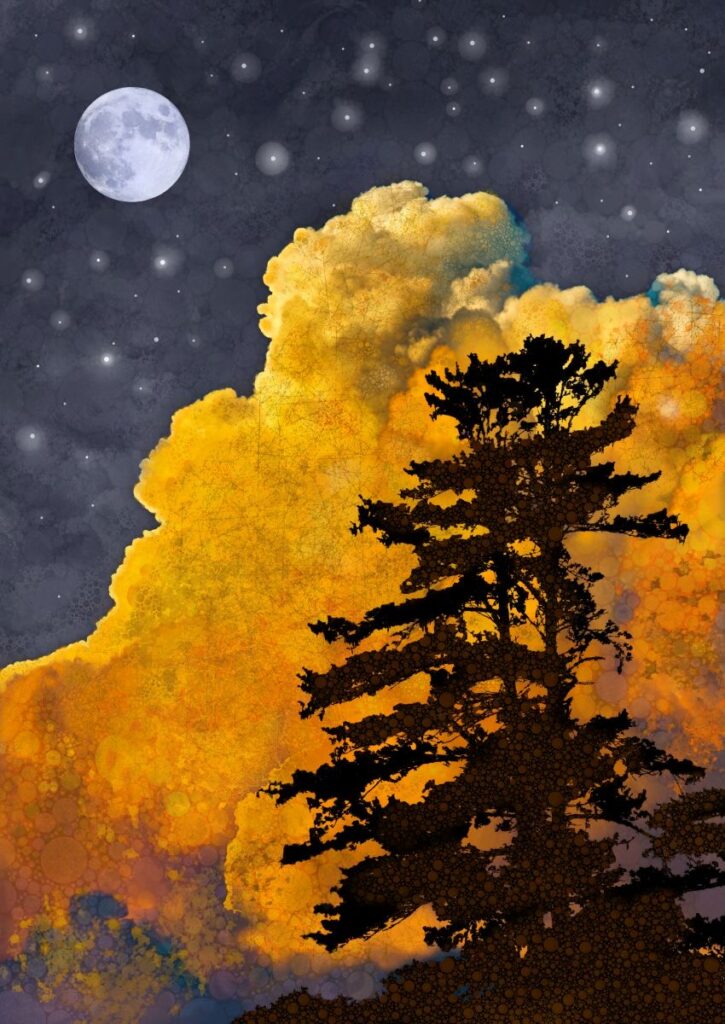 Daniel McPheeters&nbsp;• <em>Stormcloud Moonrise</em>&nbsp;• Mixed media on panel&nbsp;• 17″×&nbsp;24″&nbsp;• $200.00