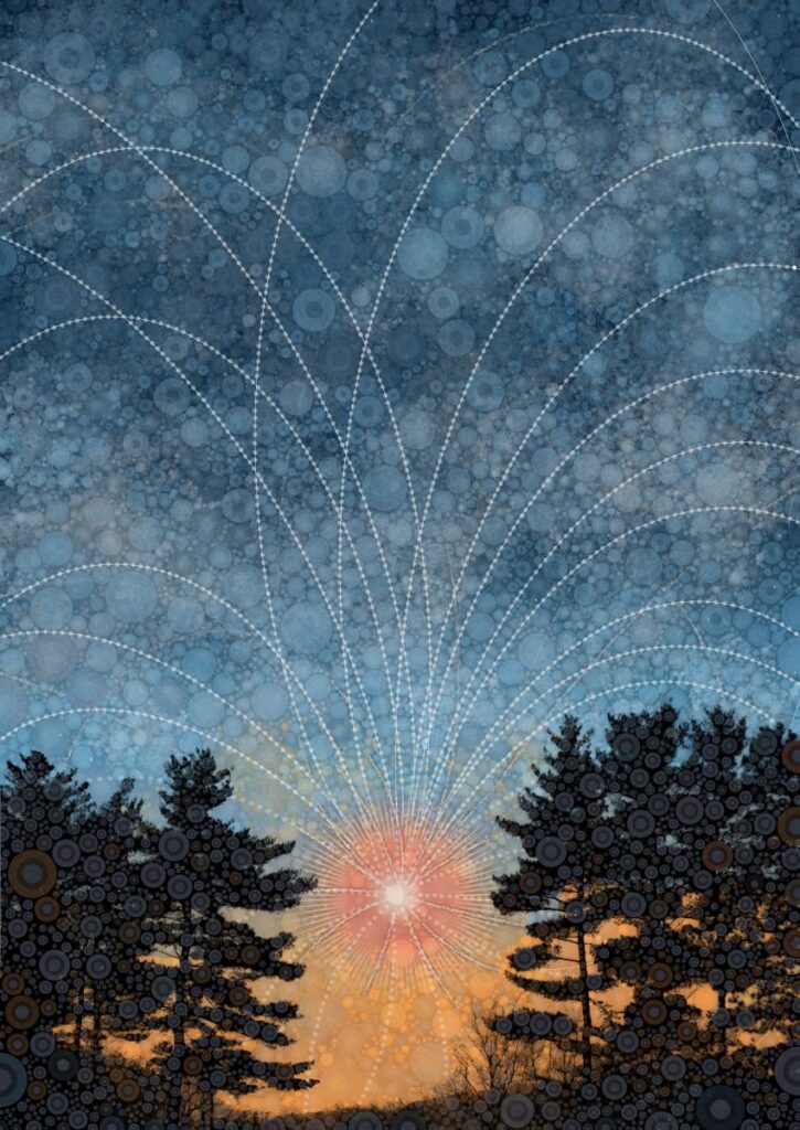 Daniel McPheeters&nbsp;• <em>Cosmic Sunrise</em>&nbsp;• Mixed media on panel&nbsp;• 17″×&nbsp;24″&nbsp;• $200.00