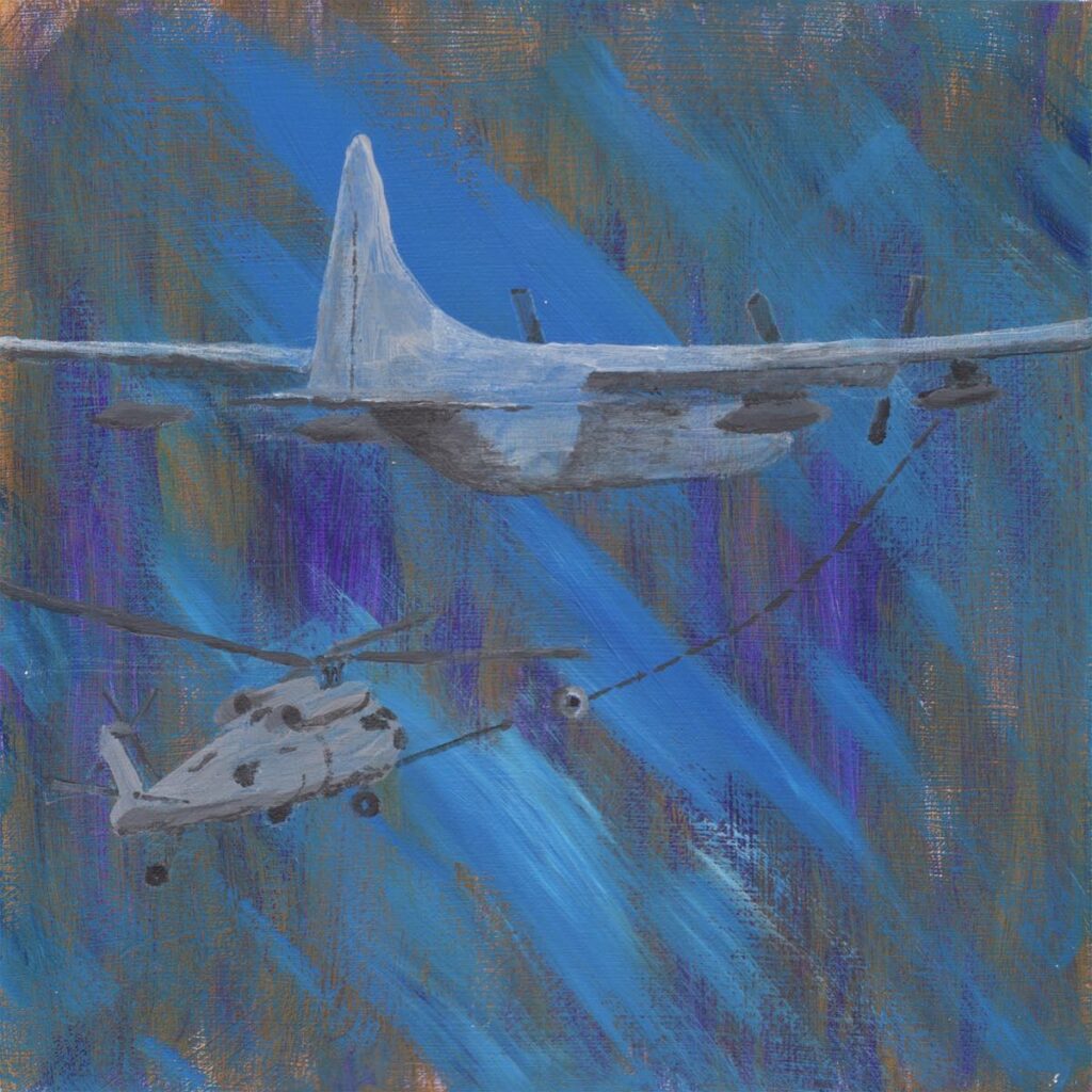 Don Ellis&nbsp;• <em>1969 HC-130P</em>&nbsp;• Acrylic on art board&nbsp;• 11″×&nbsp;11″&nbsp;• $285.00