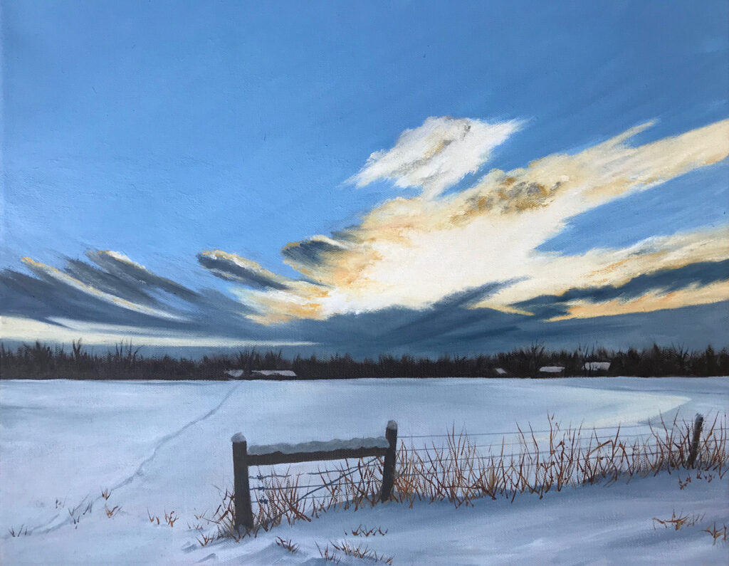 Patty L Porter&nbsp;• <em>Winter Evening ~ Cold Springs</em>&nbsp;• Oil on canvas&nbsp;• 16″×&nbsp;20″&nbsp;• $600.00