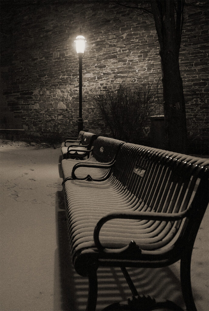 Laurie Schutt&nbsp;• <em>Quiet Snowy Night</em>&nbsp;• Print on metal&nbsp;• 12″×&nbsp;18″&nbsp;• $180.00