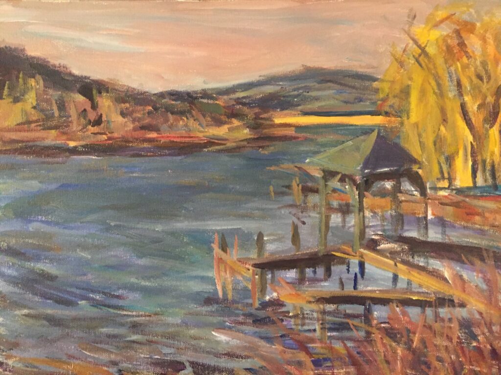 Hsiao-Pei Yang&nbsp;• <em>Sunset at Farmar's Market</em>&nbsp;• Acrylic on canvas&nbsp;• 20″×&nbsp;16″&nbsp;• $500.00