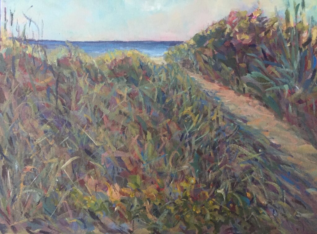 Hsiao-Pei Yang&nbsp;• <em>Trail to the Beach</em>&nbsp;• Acrylic on board&nbsp;• 16″×&nbsp;12″&nbsp;• $500.00