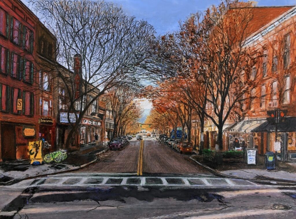 Ed Brothers&nbsp;• <em>State Street, November</em>&nbsp;• Oil pastel&nbsp;• 11½″×&nbsp;8½″&nbsp;• NFS