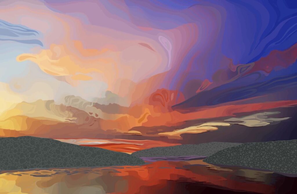 Daniel McPheeters&nbsp;• <em>Cayuga Sunset</em>&nbsp;• Mixed media on panel&nbsp;• 17″×&nbsp;26″&nbsp;• $220.00
