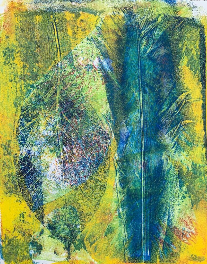 Elise Ann Skalwold&nbsp;• <em>Ithaca Flora & Fauna</em>&nbsp;• Acrylic, gelatin monoprint&nbsp;• 17″×&nbsp;20″&nbsp;• NFS