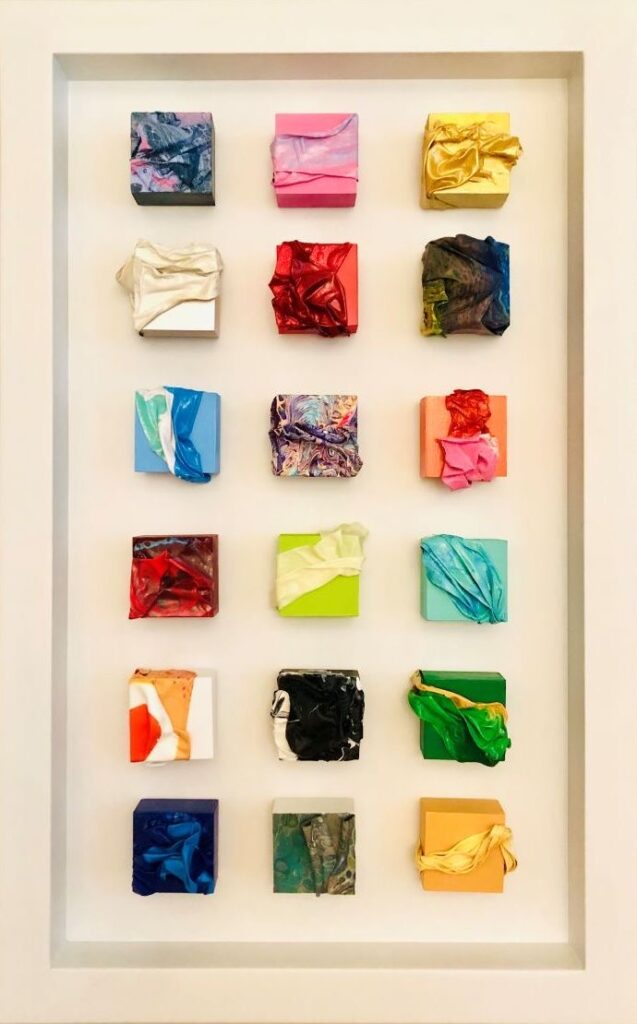 Ivy Stevens-Gupta&nbsp;• <em>The Fashionista Collection</em>&nbsp;• Acrylic on cradled birch board panels&nbsp;• 23″×&nbsp;37″×&nbsp;2½″&nbsp;• $2,800.00