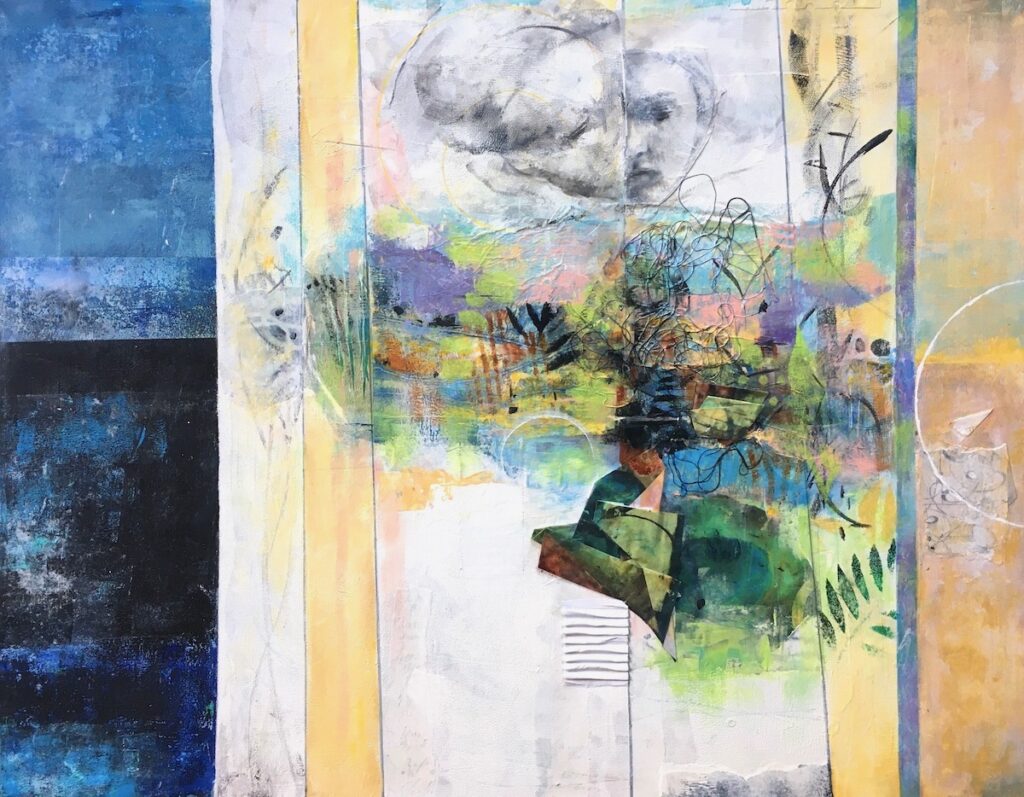 Carol Spence&nbsp;• <em>Ithaca Summer</em>&nbsp;• Mixed media painting & collage&nbsp;• 24″×&nbsp;30″&nbsp;• $450.00