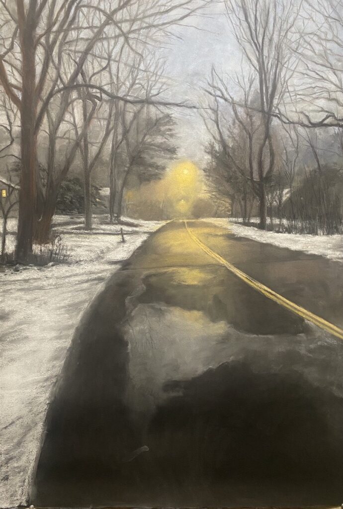 Diane Newton&nbsp;• <em>North Sunset Drive, Ithaca</em>&nbsp;• Pastel on black Arches paper&nbsp;• 30″×&nbsp;44″&nbsp;• $3,250.00