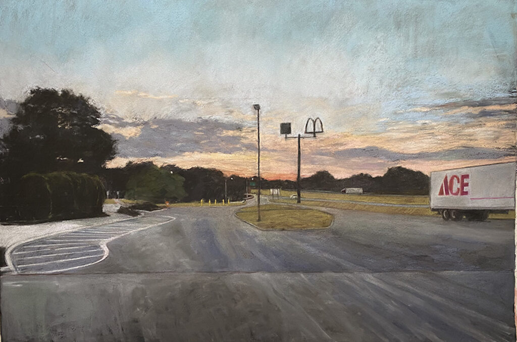 Diane Newton&nbsp;• <em>Rest Stop/Mass Pike</em>&nbsp;• Pastel on black Arches paper&nbsp;• 44″×&nbsp;30″&nbsp;• $3,250.00