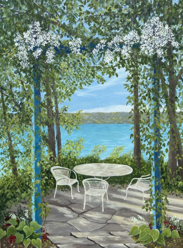 Patty L Porter&nbsp;• <em>Beyond the Patio</em>&nbsp;• Oil on canvas&nbsp;• 18″×&nbsp;24″&nbsp;• $800.00
