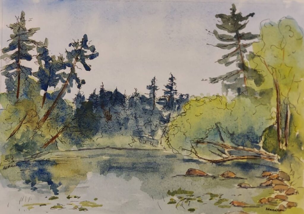 Annemiek Haralson&nbsp;• <em>At the Boat Launch</em>&nbsp;• Ink and watercolor&nbsp;• 6½″×&nbsp;4½″&nbsp;• $125.00