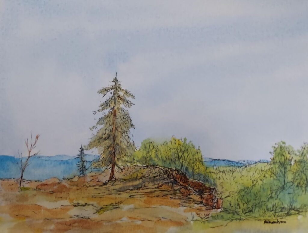 Annemiek Haralson&nbsp;• <em>Mountain View</em>&nbsp;• Ink and watercolor&nbsp;• 7″×&nbsp;5½″&nbsp;• $125.00