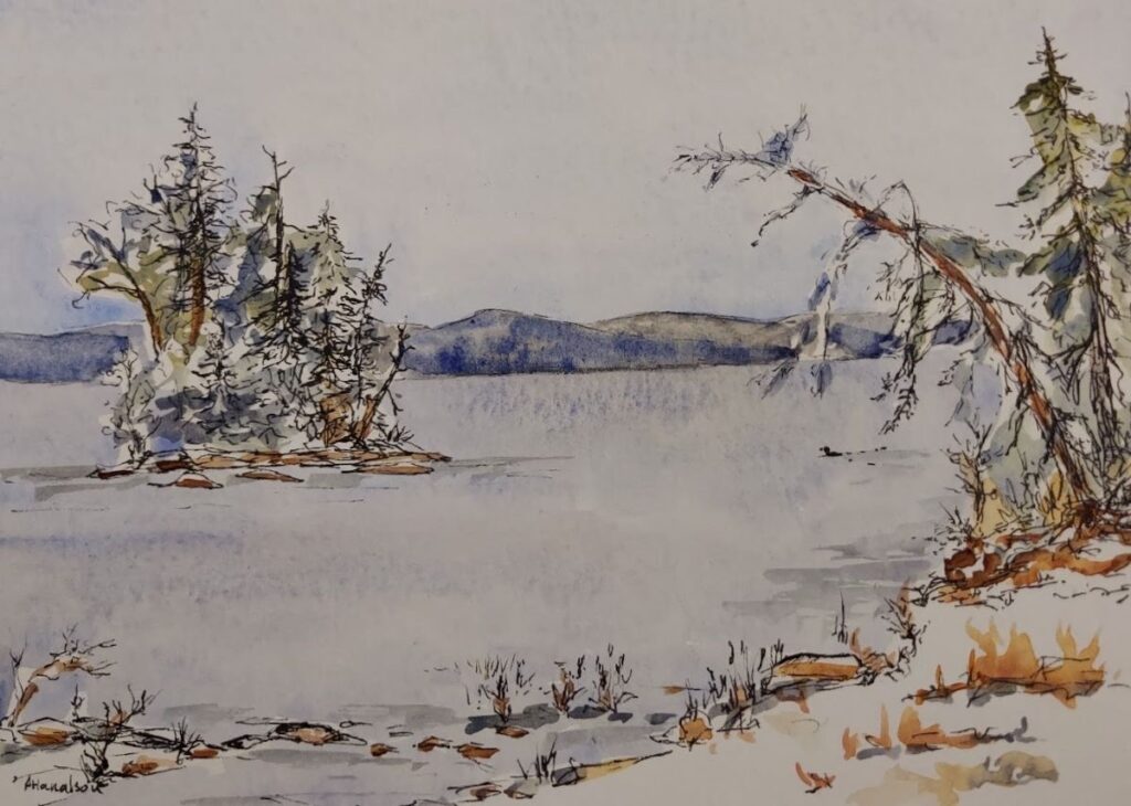 Annemiek Haralson&nbsp;• <em>Winter Pond</em>&nbsp;• Ink and watercolor&nbsp;• 7″×&nbsp;4½″&nbsp;• $125.00