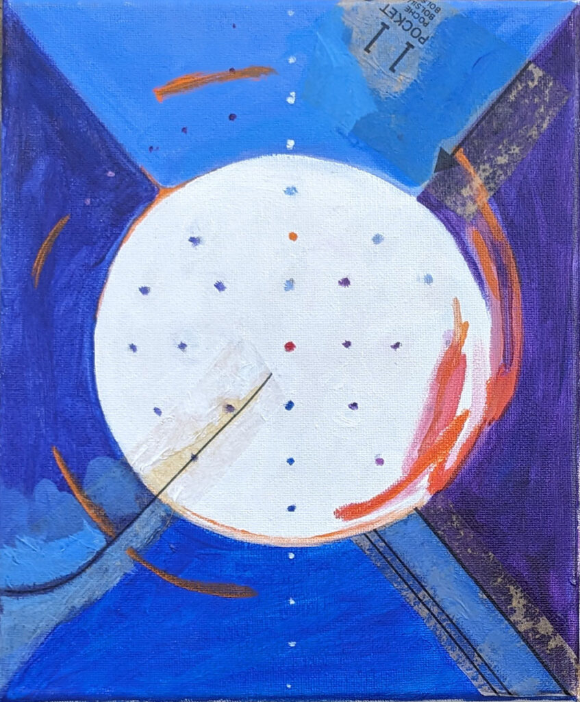 Katrina Morse&nbsp;• <em>O#1 of the XO Series</em>&nbsp;• Acrylic and printed tissue paper on canvas&nbsp;• 8″×&nbsp;10″&nbsp;• $85.00