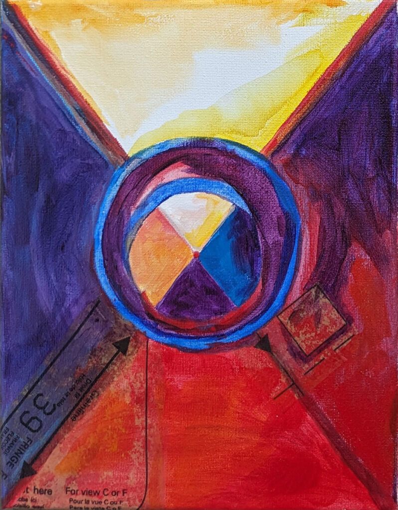 Katrina Morse&nbsp;• <em>O#2 of the XO Series</em>&nbsp;• Acrylic and printed tissue paper on canvas&nbsp;• 8″×&nbsp;10″&nbsp;• $85.00