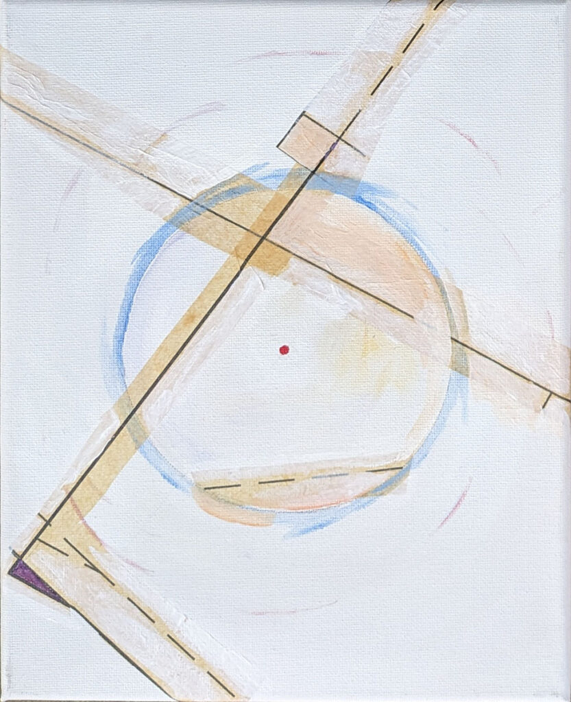 Katrina Morse&nbsp;• <em>O#3 of the XO Series</em>&nbsp;• Acrylic and printed tissue paper on canvas&nbsp;• 8″×&nbsp;10″&nbsp;• $85.00
