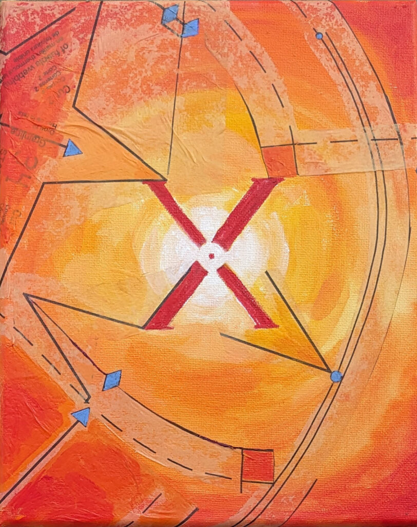Katrina Morse&nbsp;• <em>X#4 of the XO Series</em>&nbsp;• Acrylic and printed tissue paper on canvas&nbsp;• 8″×&nbsp;10″&nbsp;• $85.00