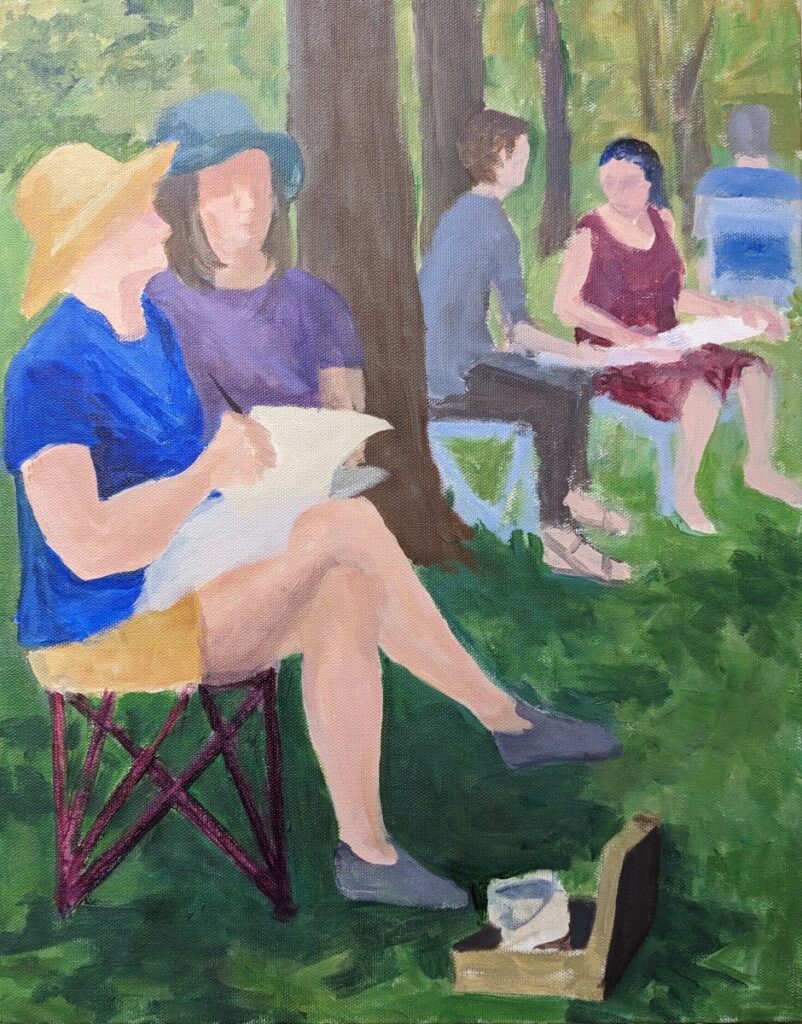 Diana Ozolins&nbsp;• <em>Drawing at Wisdom's Goldenrod, painted from a drawing July 2022</em>&nbsp;• Acrylic on canvas&nbsp;• 14″×&nbsp;18″&nbsp;• $800.00