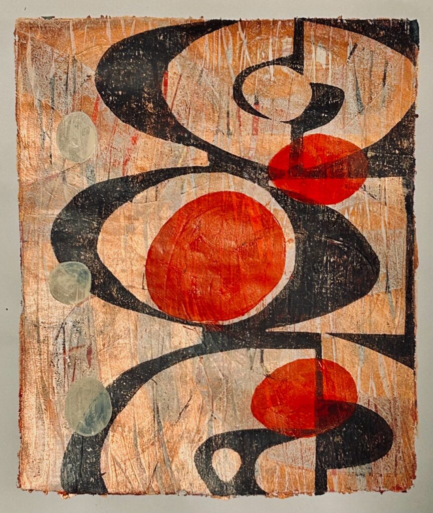 Judith Cogan&nbsp;• <em>Mud-Century Modern</em>&nbsp;• Acrylic acrylic paint monoprint using gel plate on watercolor paper.&nbsp;• 18″×&nbsp;24″&nbsp;• $350.00