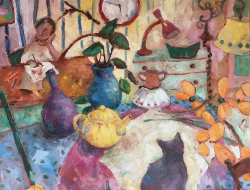 Catharine O'Neill&nbsp;• <em>Teapot</em>&nbsp;• Water-based oils on canvas&nbsp;• 24″×&nbsp;20″&nbsp;• $525.00