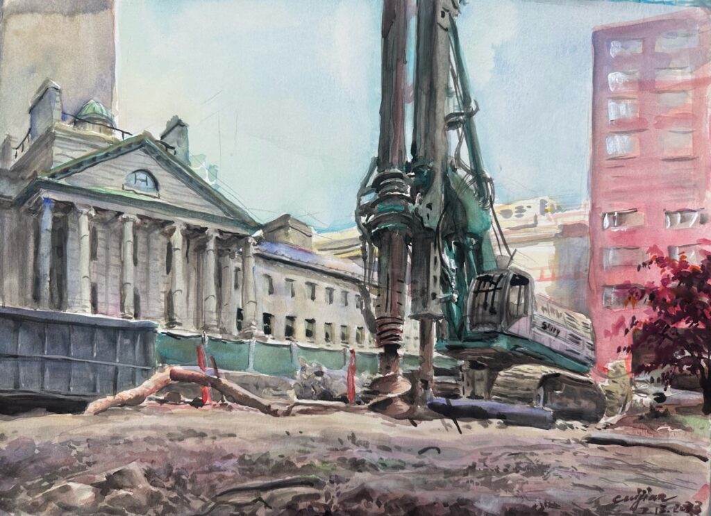 Jian Cui&nbsp;• <em>The Construction Site</em>&nbsp;• Watercolor on paper&nbsp;• 15″×&nbsp;11″&nbsp;• NFS