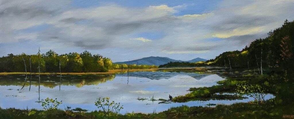Annemiek Haralson&nbsp;• <em>Beaver Pond</em>&nbsp;• Oil on cradled board&nbsp;• 24″×&nbsp;10″&nbsp;• $525.00