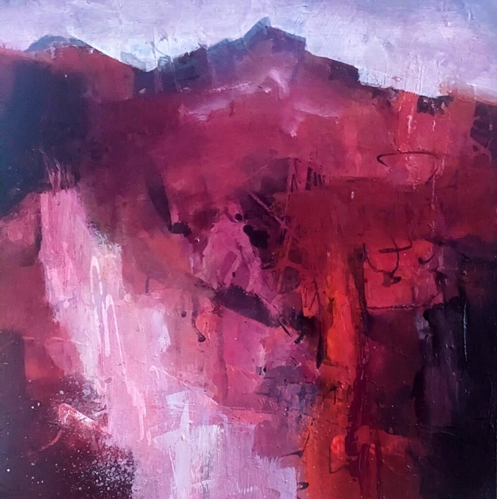 Barbara Behrmann&nbsp;• <em>Through Rose Tinted Glasses</em>&nbsp;• Acrylic on wood panel&nbsp;• 12″×&nbsp;12″&nbsp;• $300.00