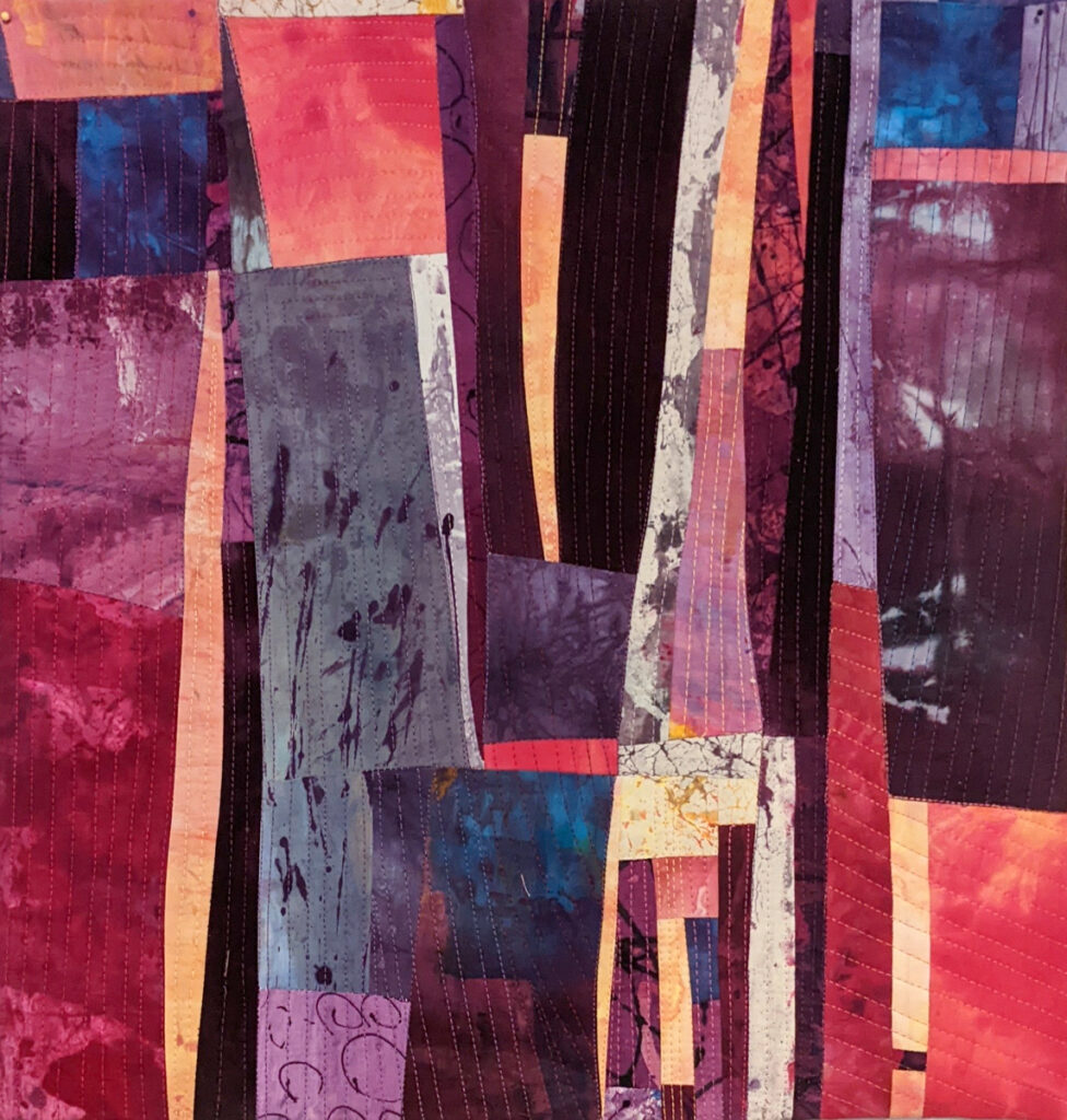 Barbara Behrmann&nbsp;• <em>Urban Impressions #2</em>&nbsp;• Original fabrics immersed, printed and painted with dyes, mounted on stretched canvas&nbsp;• 20″×&nbsp;20″×&nbsp;1½″&nbsp;• $400.00