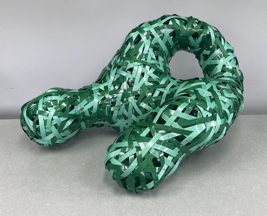 Bill Hastings&nbsp;• <em>Spore</em>&nbsp;• Post-consumer polyester, rivets&nbsp;• 19″×&nbsp;34″×&nbsp;24″&nbsp;• $950.00