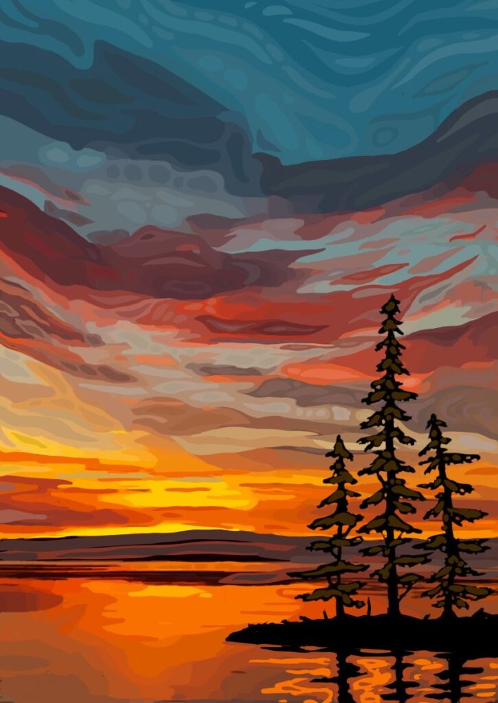Daniel McPheeters&nbsp;• <em>Adirondack Sunset</em>&nbsp;• Mixed media on panel&nbsp;• 17″×&nbsp;24″&nbsp;• $200.00