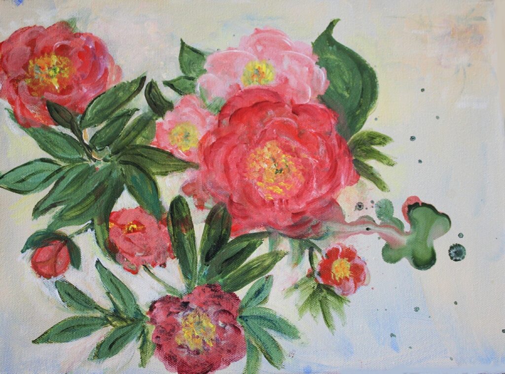 Ethel Vrana&nbsp;• <em>Peonies</em>&nbsp;• Acrylic on canvas&nbsp;• 16″×&nbsp;12″&nbsp;• $300.00