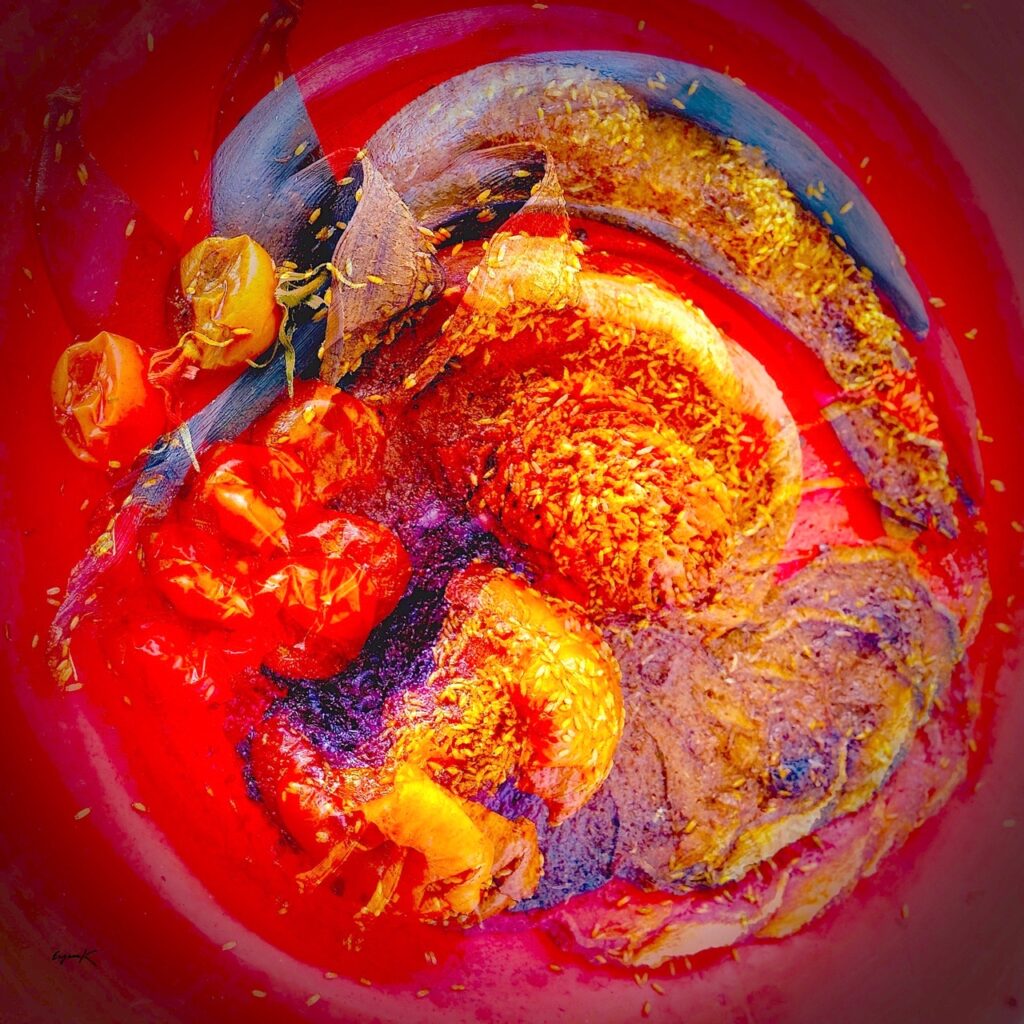 Eugene Kolomatsky&nbsp;• <em>Decaying Fruit on Red Plate</em>&nbsp;• Digital print&nbsp;• 18″×&nbsp;18″&nbsp;• $320.00