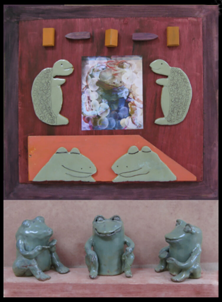 Mary Ann Bowman&nbsp;• <em>Frog Turtle Panel</em>&nbsp;• Print on canvas in wooden frame&nbsp;• 21″×&nbsp;26″×&nbsp;1½″&nbsp;• $375.00