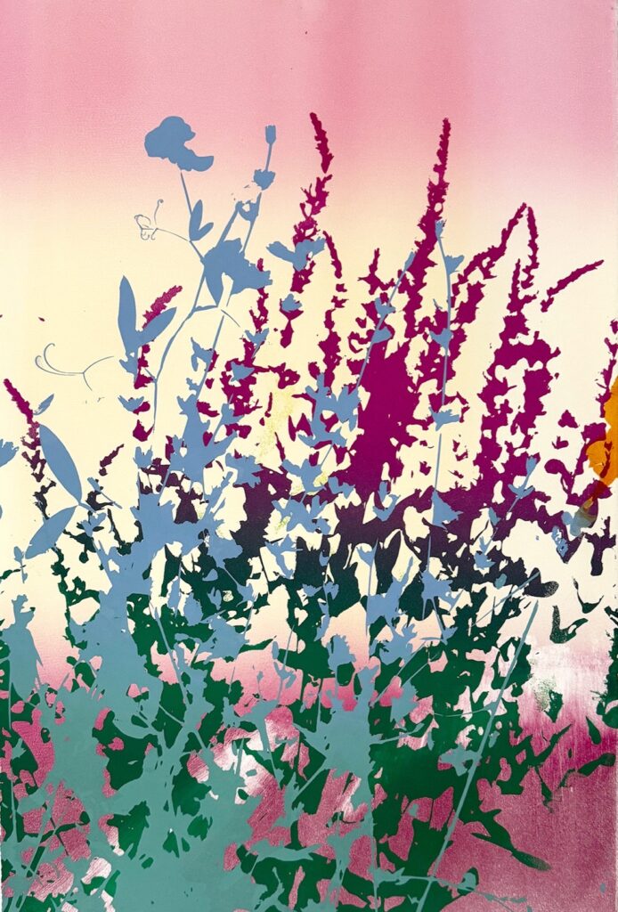 Patricia Thomas Hunsinger&nbsp;• <em>Two O’Clock and the Clouds Pass</em>&nbsp;• Screenprint over oil-based monotype&nbsp;• 21″×&nbsp;29″&nbsp;• $325.00