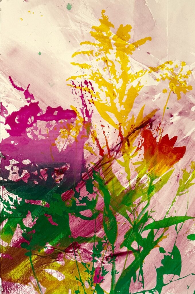 Patricia Thomas Hunsinger&nbsp;• <em>Wild Wild Life</em>&nbsp;• Screenprint over cochineal monotype&nbsp;• 20″×&nbsp;27″&nbsp;• $325.00