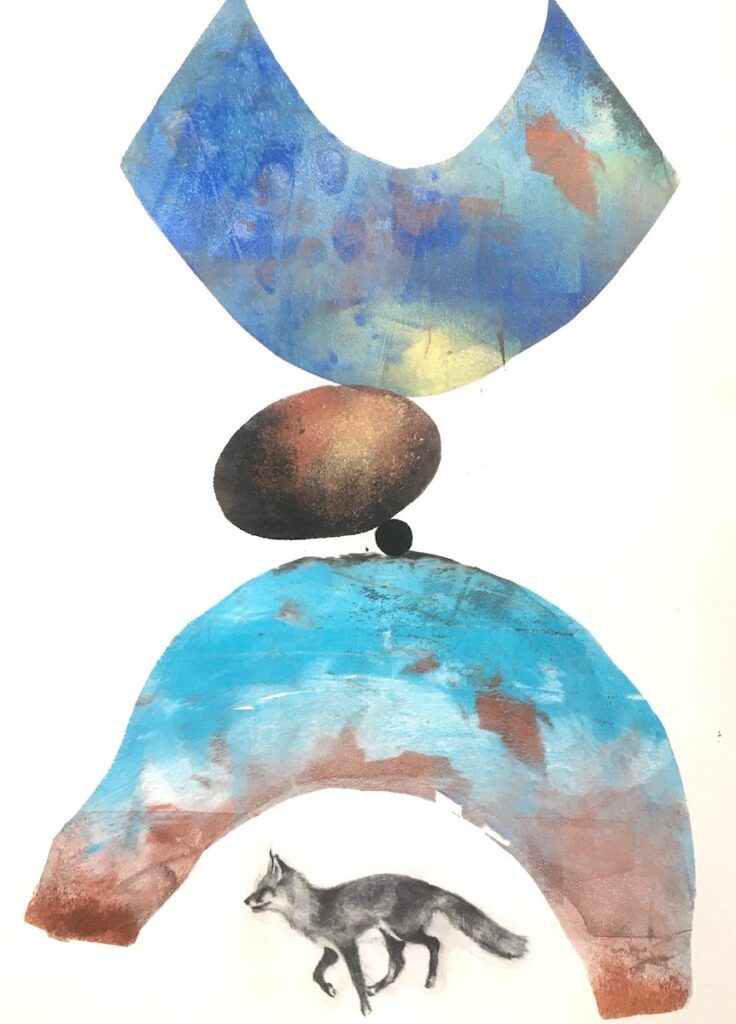 Carol Spence&nbsp;• <em>Fox</em>&nbsp;• Acrylic and pencil&nbsp;• 16″×&nbsp;20″&nbsp;• $285.00