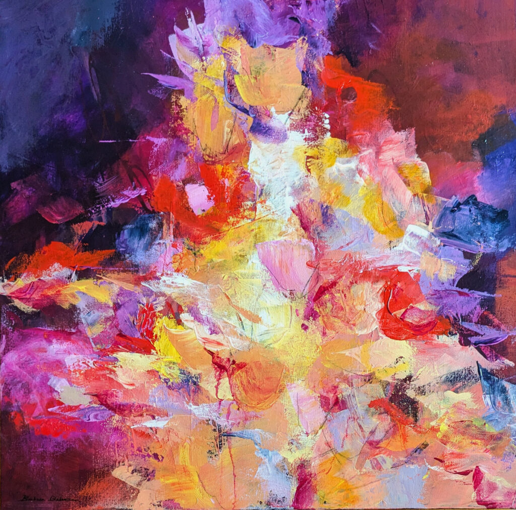 Barbara Behrmann&nbsp;• <em>Petals on Parade</em>&nbsp;• Acrylic on stretched canvas&nbsp;• 20″×&nbsp;20″&nbsp;• $495.00
