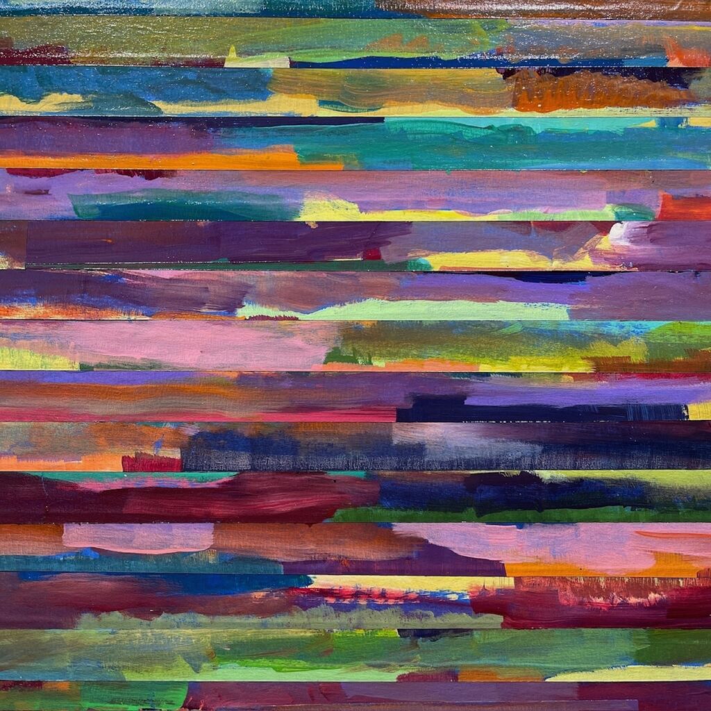 Patricia Brown&nbsp;• <em>Edging</em>&nbsp;• Painters tape, acrylic on wood panel&nbsp;• 12″×&nbsp;12″&nbsp;• $195.00