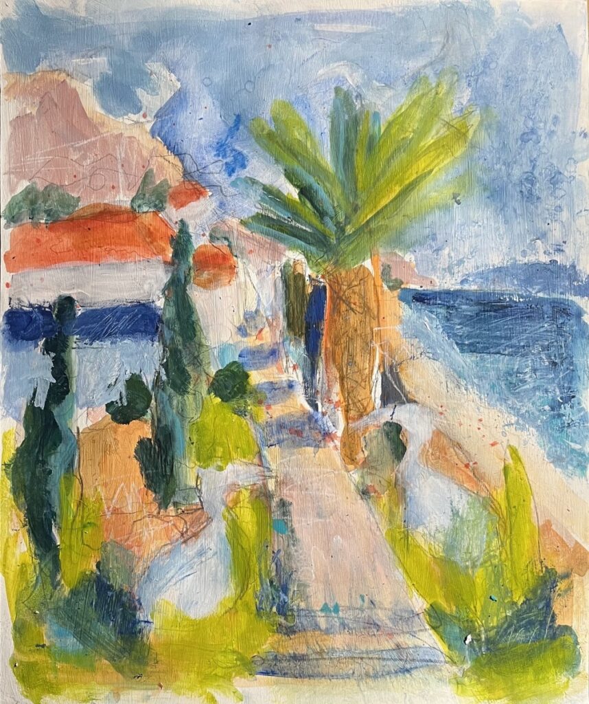 Linda Fazzary&nbsp;• <em>Bird Walk</em>&nbsp;• Acrylic, mixed media on paper&nbsp;• 14″×&nbsp;17″&nbsp;• $495.00